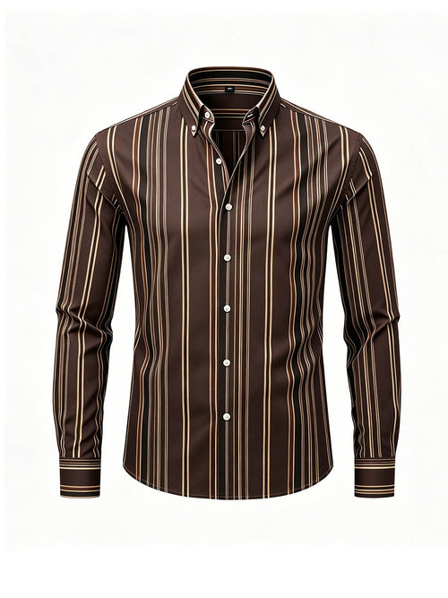 Men's Coffee Color Matching Striped Printed Long Sleeve Shirt