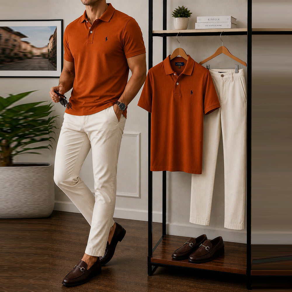 Men's Casual Orange Embroidered Logo Polo Shirt And White Pants Two-Piece Set