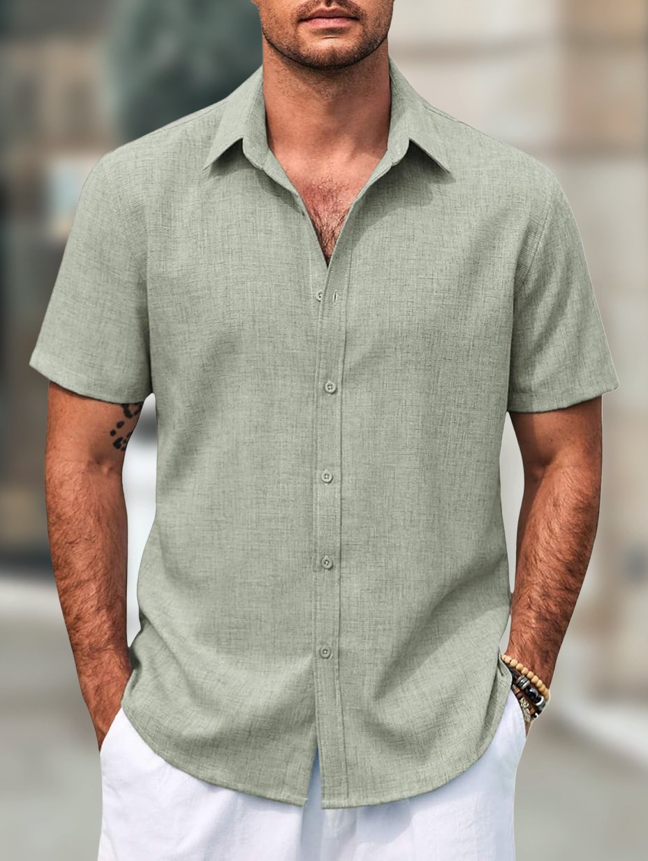 Men's Retro Casual Short Sleeve Faux Linen Lapel Shirt