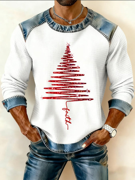 Men's Retro Faith Christmas Tree Print Crew Neck Pullover