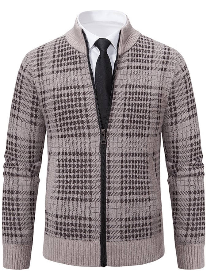 Men's Fashionable Plaid Design Warm Zipper Sweater Jacket