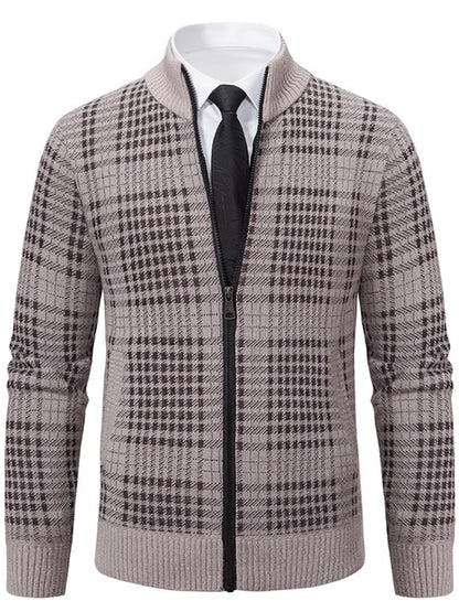 Men's Fashionable Plaid Design Warm Zipper Sweater Jacket