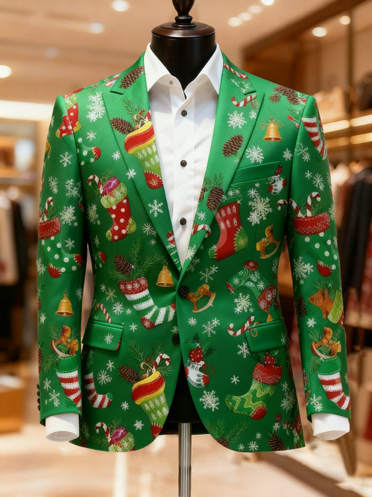 Men's Business Casual Notch Lapel Vintage Xmas Print Blazers