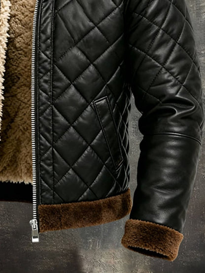 Men'S Vintage Warm Soft Leather Large Fur Collar Outdoor Jacket