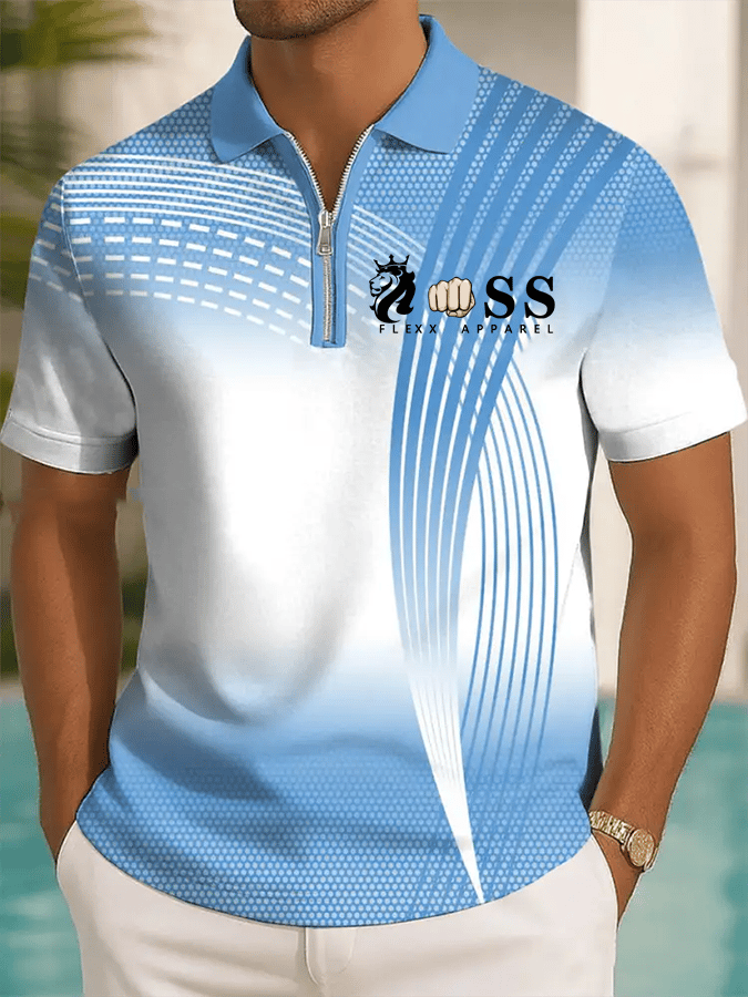 Men's Retro Letter Design Printed Casual Zipper Polo Shirt