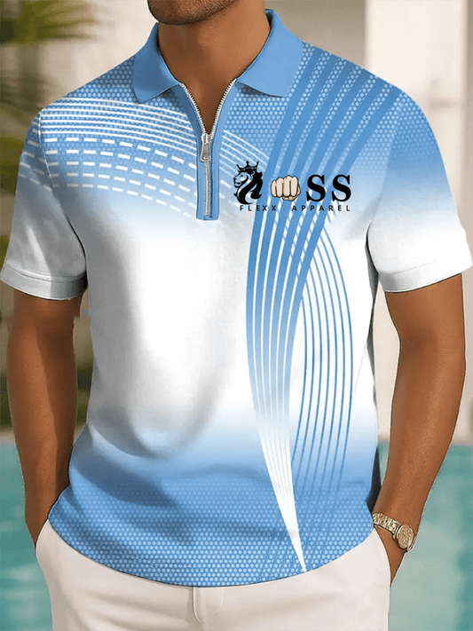 Men's Retro Letter Design Printed Casual Zipper Polo Shirt