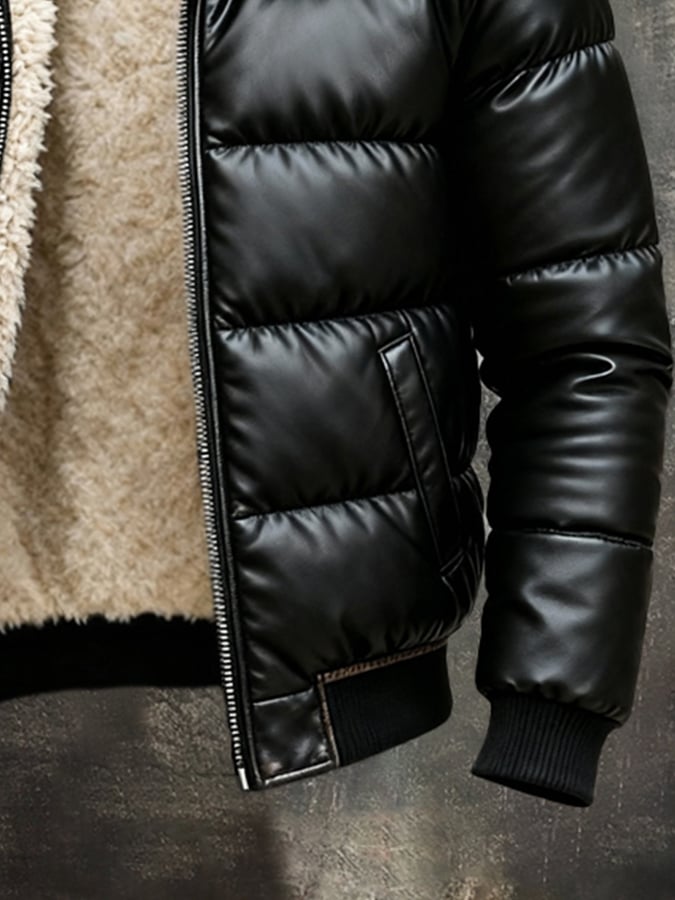 Men'S Vintage Warm Soft Leather Large Fur Collar Outdoor Jacket