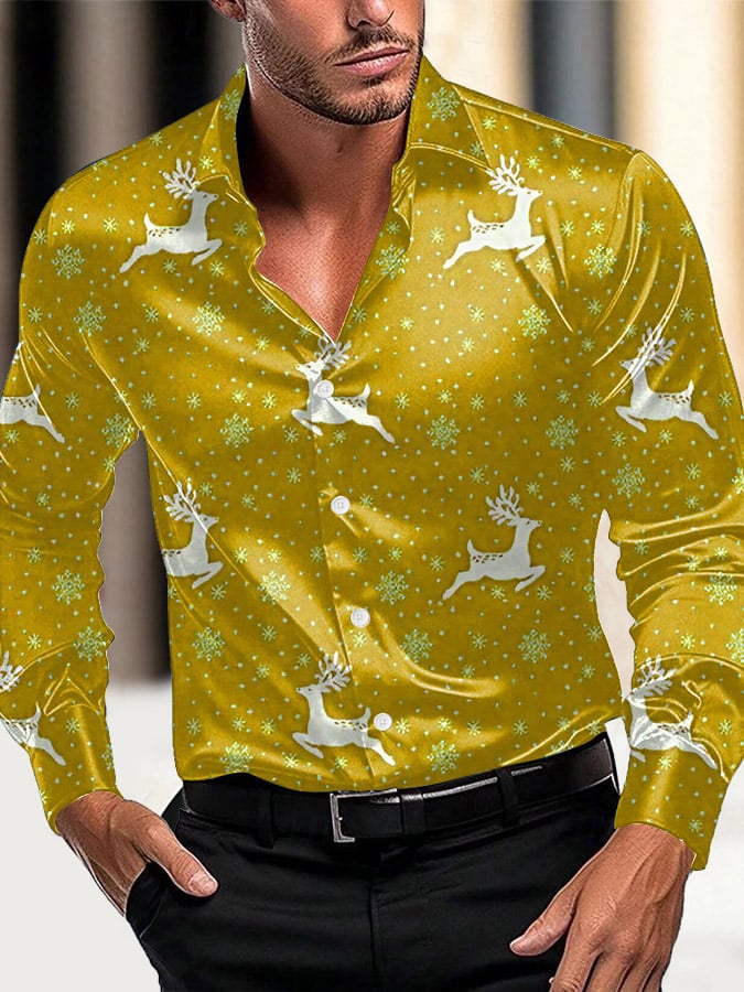 Men's Luxury Christmas Contrast Color Print Long Sleeve Shirt