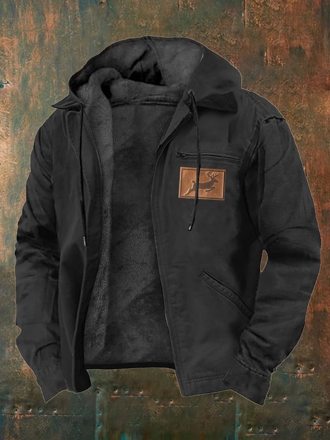 Men's Vintage Plush Western Elk Print Zipper Jacket