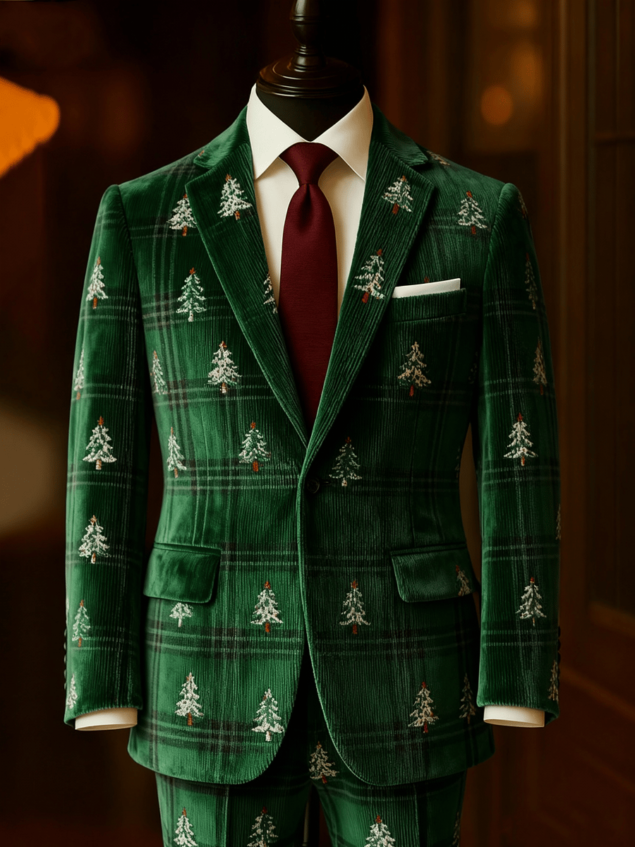 Men's Corduroy Christmas Plaid Evergreen Lapel Suit Jacket