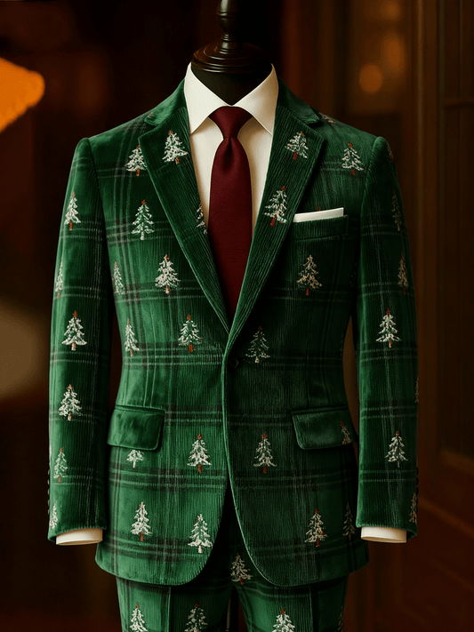 Men's Corduroy Christmas Plaid Evergreen Lapel Suit Jacket