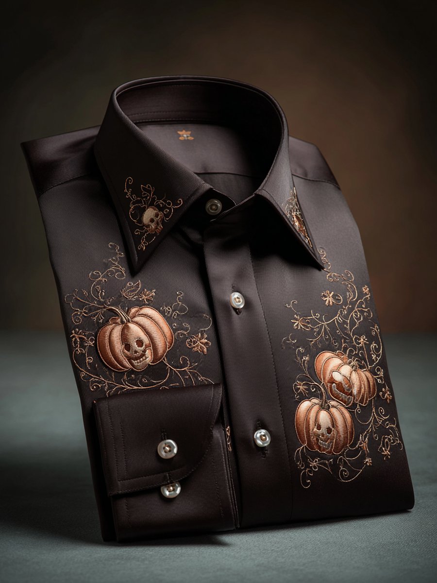 Men's Luxe Satin Halloween Pumpkin Long Sleeve Shirt