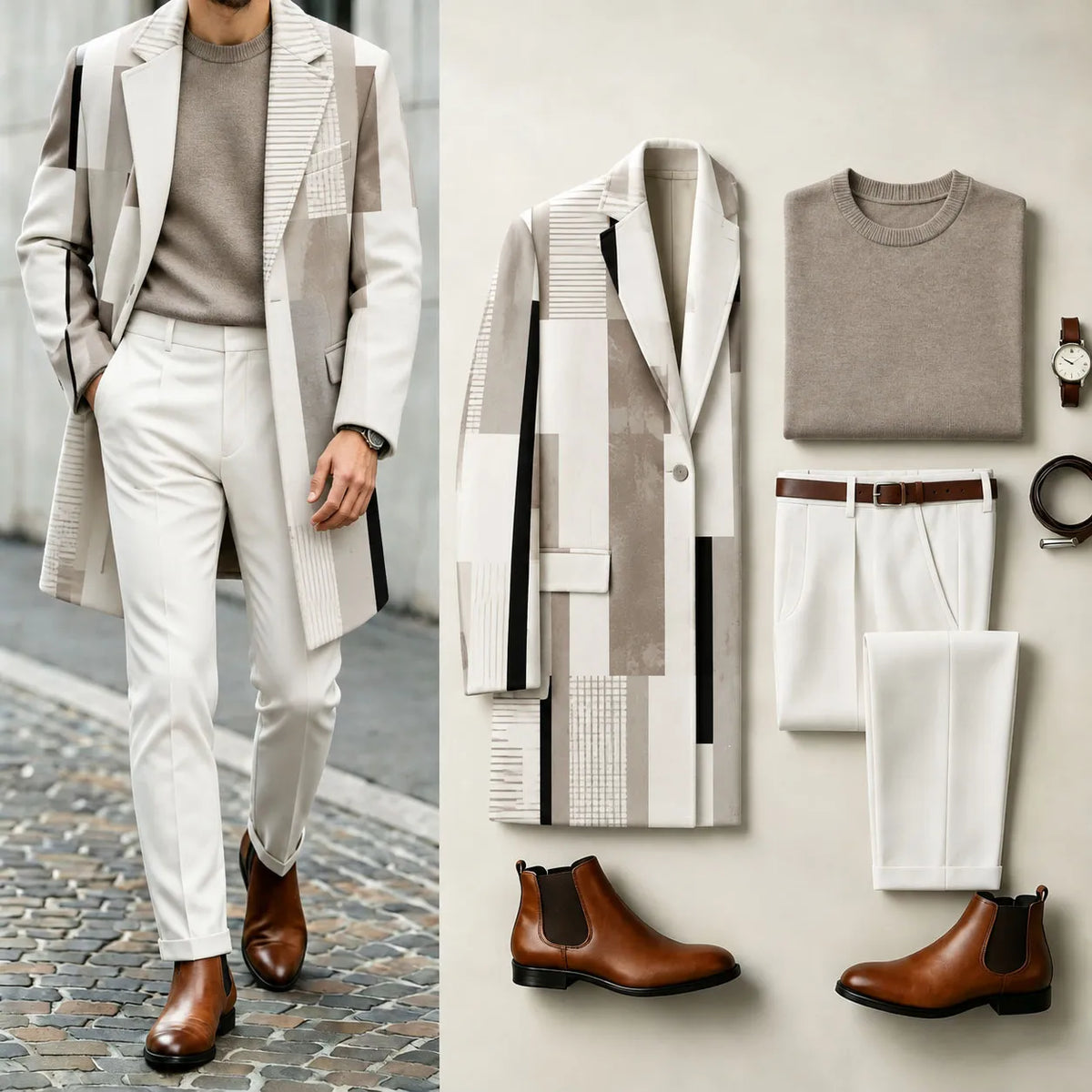 Men's Geometric Print Suit Set: Coat, Knit Sweater, and Pants