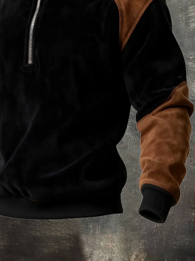 Men's Warm Suede Paneled Contrast Color Half Zip Stand Collar Sweatshirt