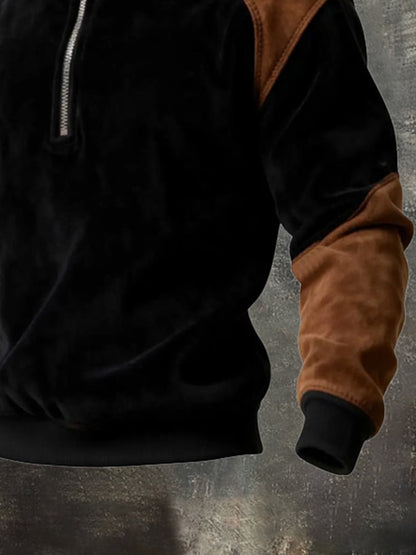 Men's Warm Suede Paneled Contrast Color Half Zip Stand Collar Sweatshirt