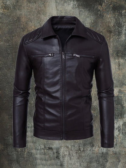 Men'S Stylish Casual Stitching Lapel Motorcycle Leather Jacket