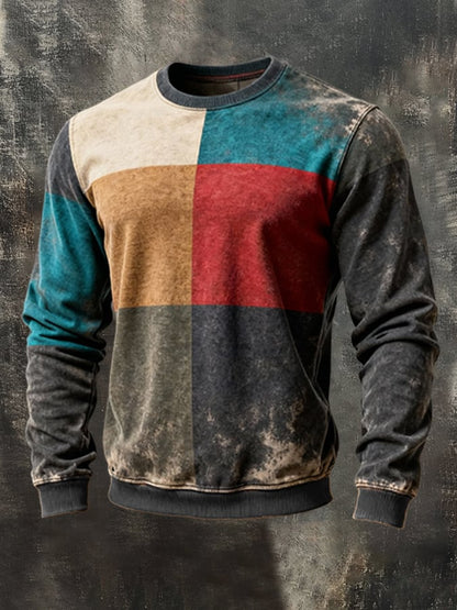 Men's Retro Color Block Contrast Crew Neck Casual Sweatshirt Suit