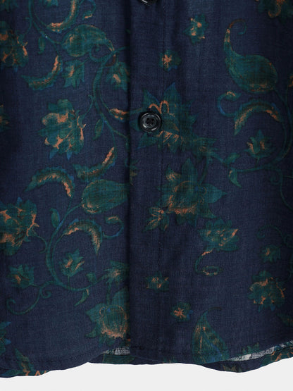 Men's Blue Floral Holiday Casual Pocket Short Sleeve Button Up Shirt