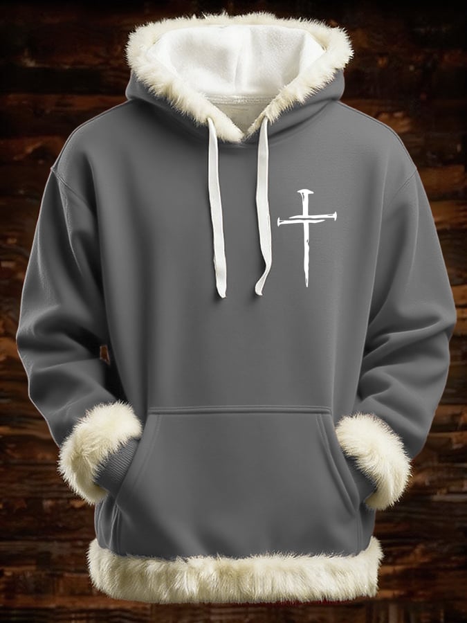 Men's Retro Faith Cross Print Patchwork Fur Collar Hooded Sweatshirt