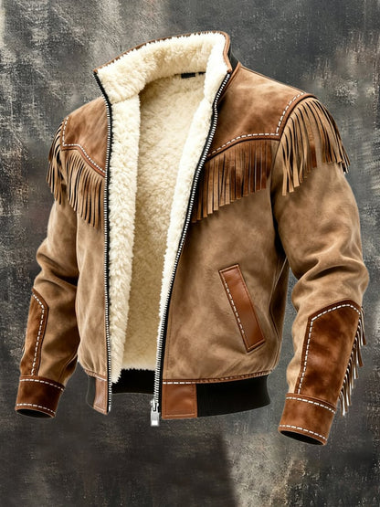 Men's Vintage Warm Suede Stitching Tassel Outdoor Jacket