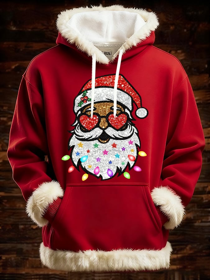 Men's Black Santa Claus Print Furry Hooded Top