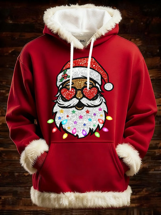 Men's Black Santa Claus Print Furry Hooded Top