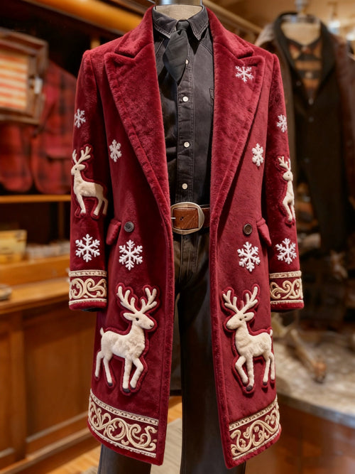 Men's Business Reindeer Christmas Snowman Tree Snowflakes Santa Long Wool Coat