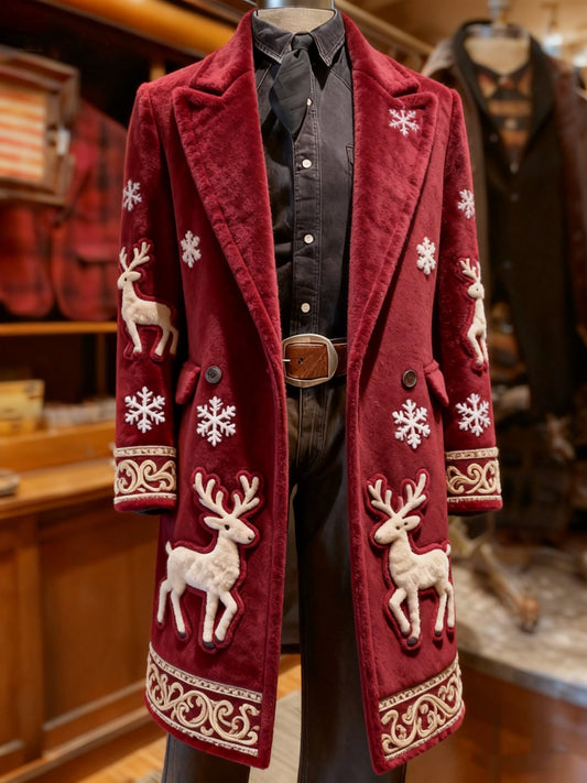 Men's Business Reindeer Christmas Snowman Tree Snowflakes Santa Long Wool Coat
