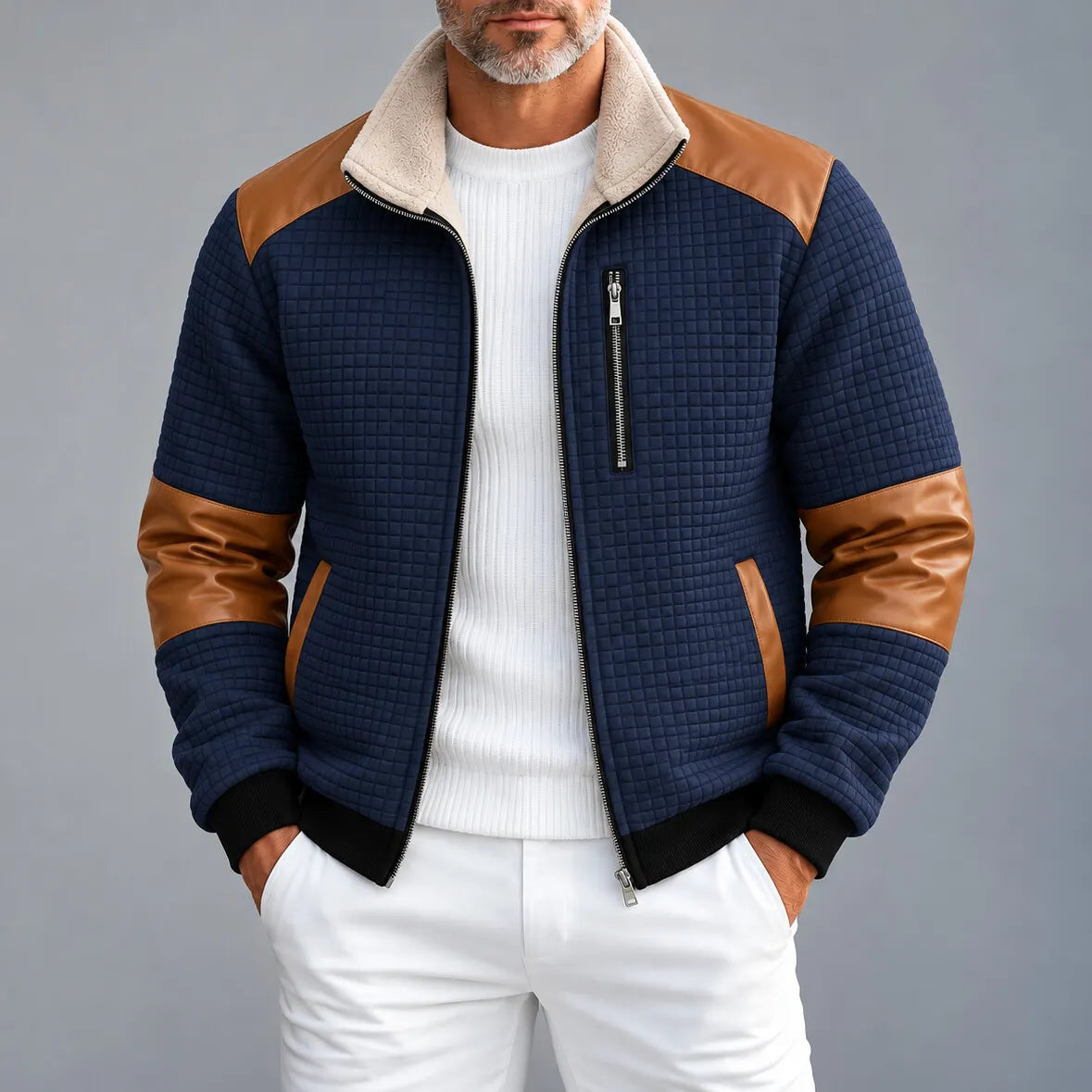 Men's Colorblock Patchwork Fleece Lined Stand Collar Quilted Zipper Bomber Jacket