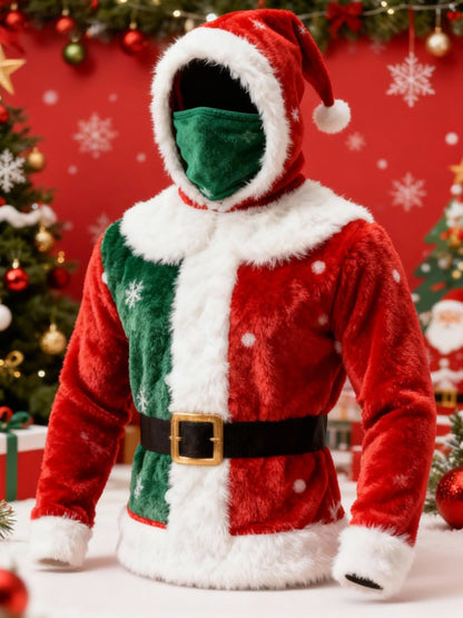 Men's Christmas Plush Hooded Jacket with Face Cover Design