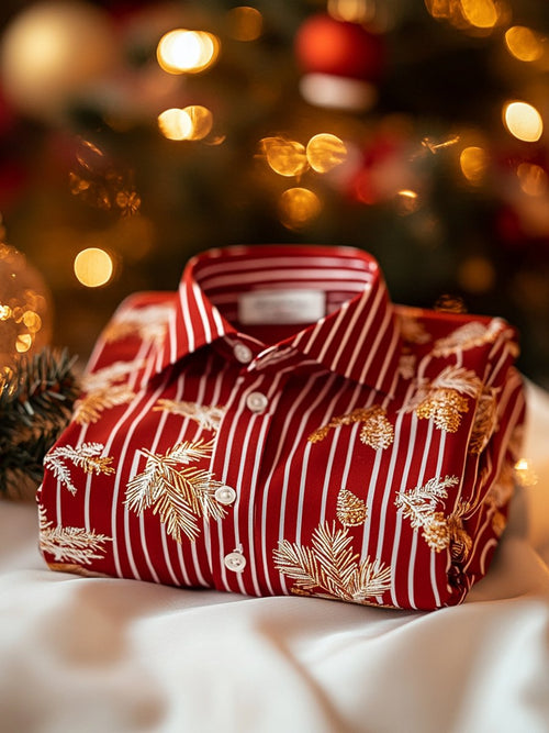 Christmas Men's Business Luxury Red Striped Long Sleeve Shirt