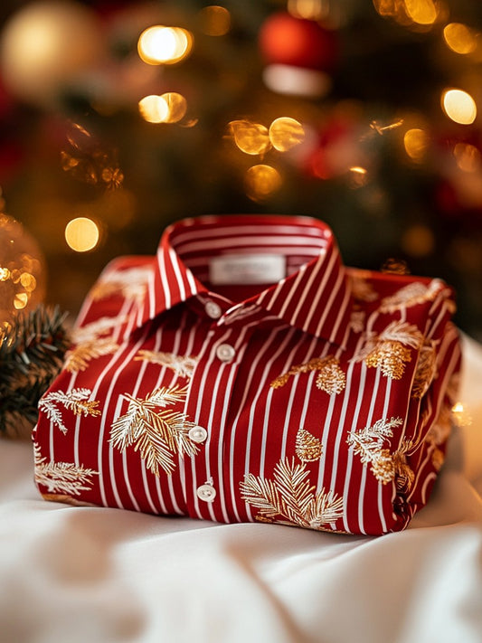Christmas Men's Business Luxury Red Striped Long Sleeve Shirt