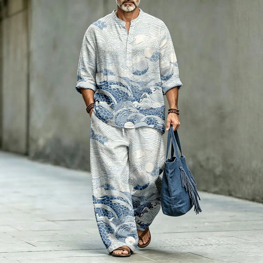 Men's Wave-Patterned Stand-Up Collar Polo Shirt and Long Pants Two-Piece Suit Set