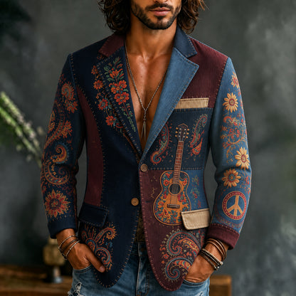 Men's National Hippie Color-blocked Floral Guitar Print Casual Blazer
