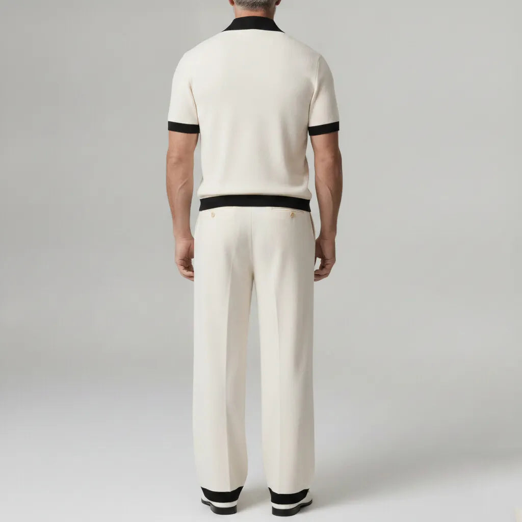 Men's Beige Contrast Binding Single Breasted Short Sleeve Shirt & Pants 2Pcs Set