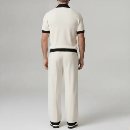 Men's Beige Contrast Binding Single Breasted Short Sleeve Shirt & Pants 2Pcs Set