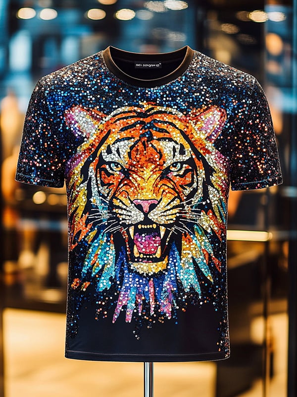 Men's Tiger Sequin Business Print Short Sleeve T-Shirt