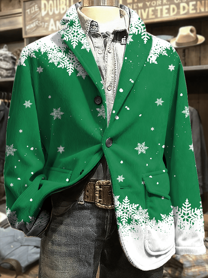 Men's Retro Christmas Art Print Corduroy Casual Jacket