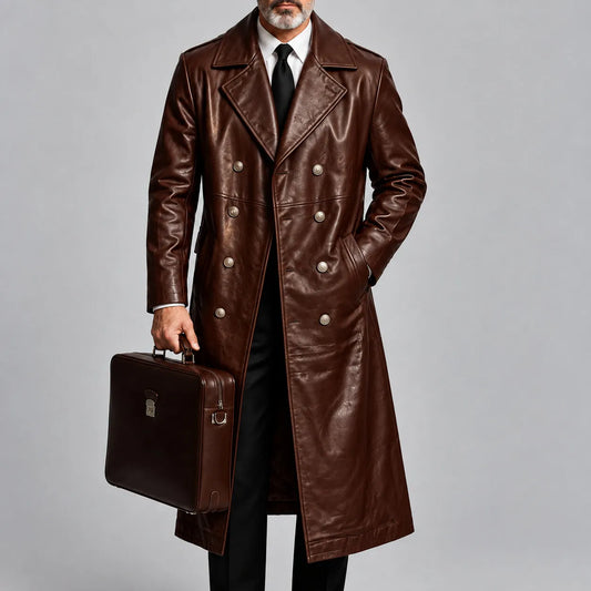 Men's Dark Brown PU Leather Slant Pockets Notched Lapel Double-Breasted Trench Coat