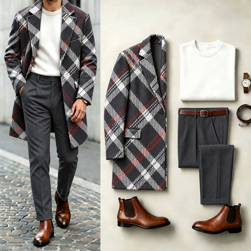 Men's Diamond-Patterned Coat Crew-Neck Sweater, and Slacks Three-Piece Set