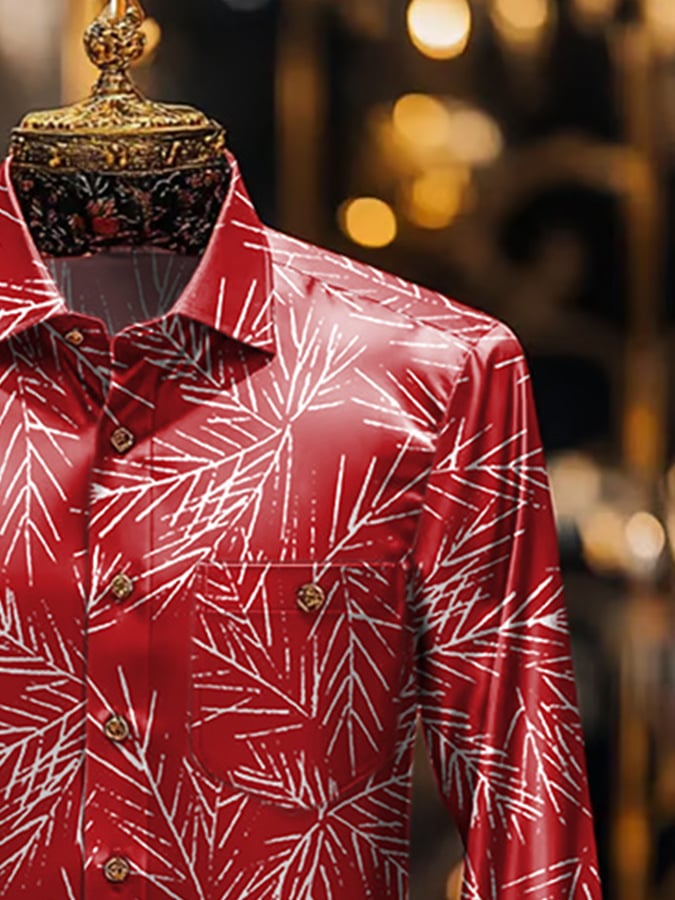 Men's Luxury Christmas Contrast Print Long Sleeve Pocket Shirt