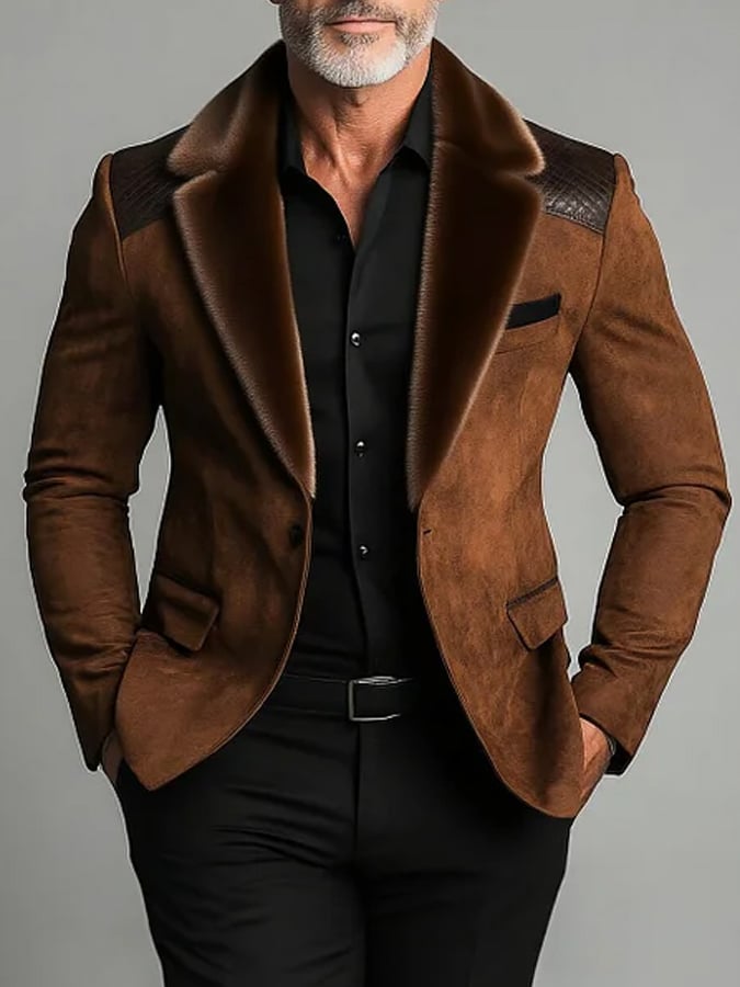 Men's Furry Lapel Collar Quilted Shoulders One Button Long Sleeve Suede Blazer