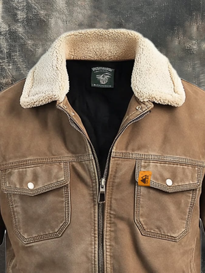 Men's Retro Classic Distressed Casual Fur Collar Pocket Jacket