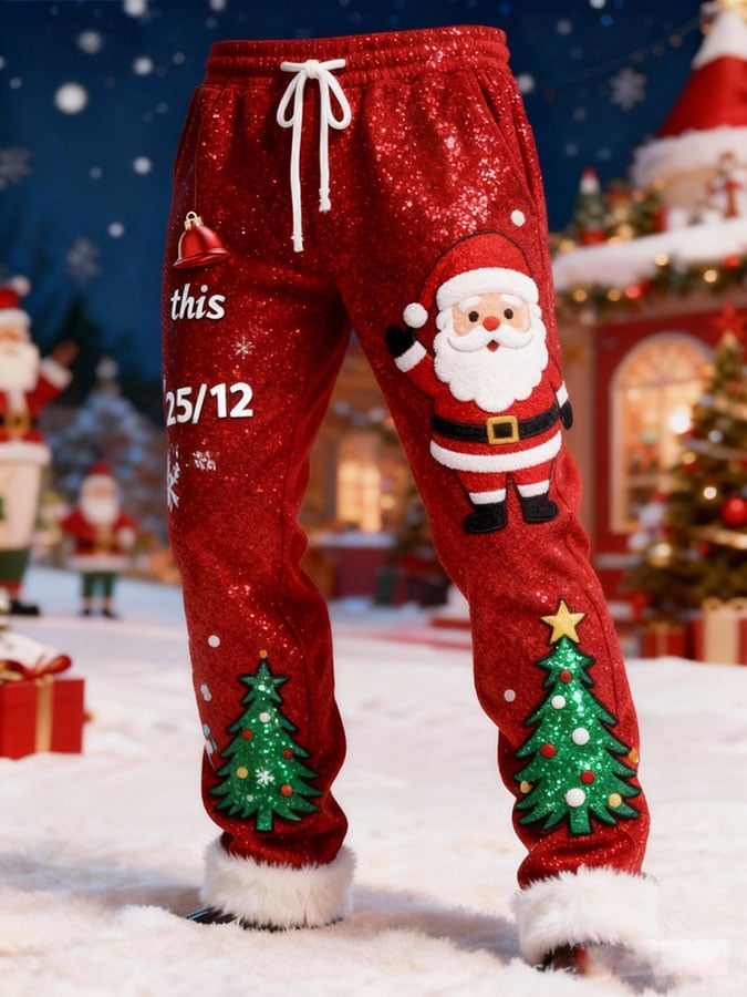 Men's Christmas Patchwork Furry Sequin Print Casual Pants