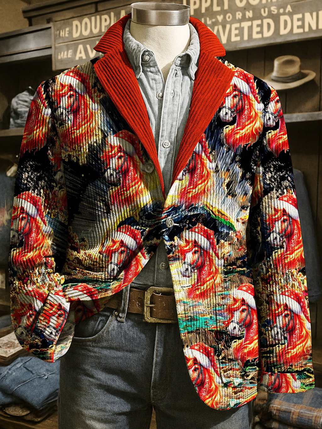 Men's Corduroy Christmas Horse Lapel Suit Jacket