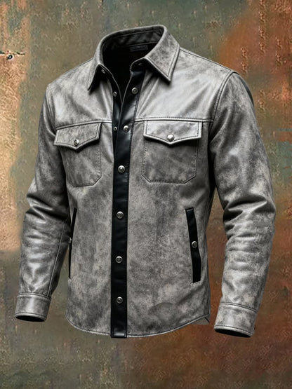 Men'S Vintage Soft Leather Patchwork Contrast Color Long Sleeve Shirt