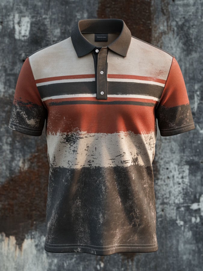 Men'S Casual Retro Striped Print Business Short-Sleeved Polo Shirt