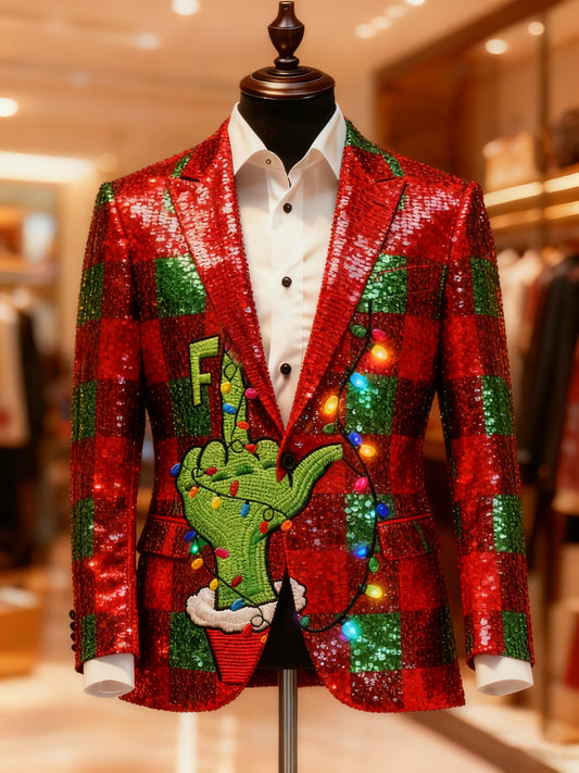 Men's Business Casual Large Pocket Notch Lapel Print Christmas Green Monster Merry Grinchmas Blazers