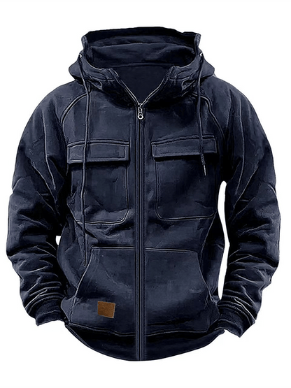 Men's Vintage Double Pocket Solid Color Comfort Zip Cardigan Jacket
