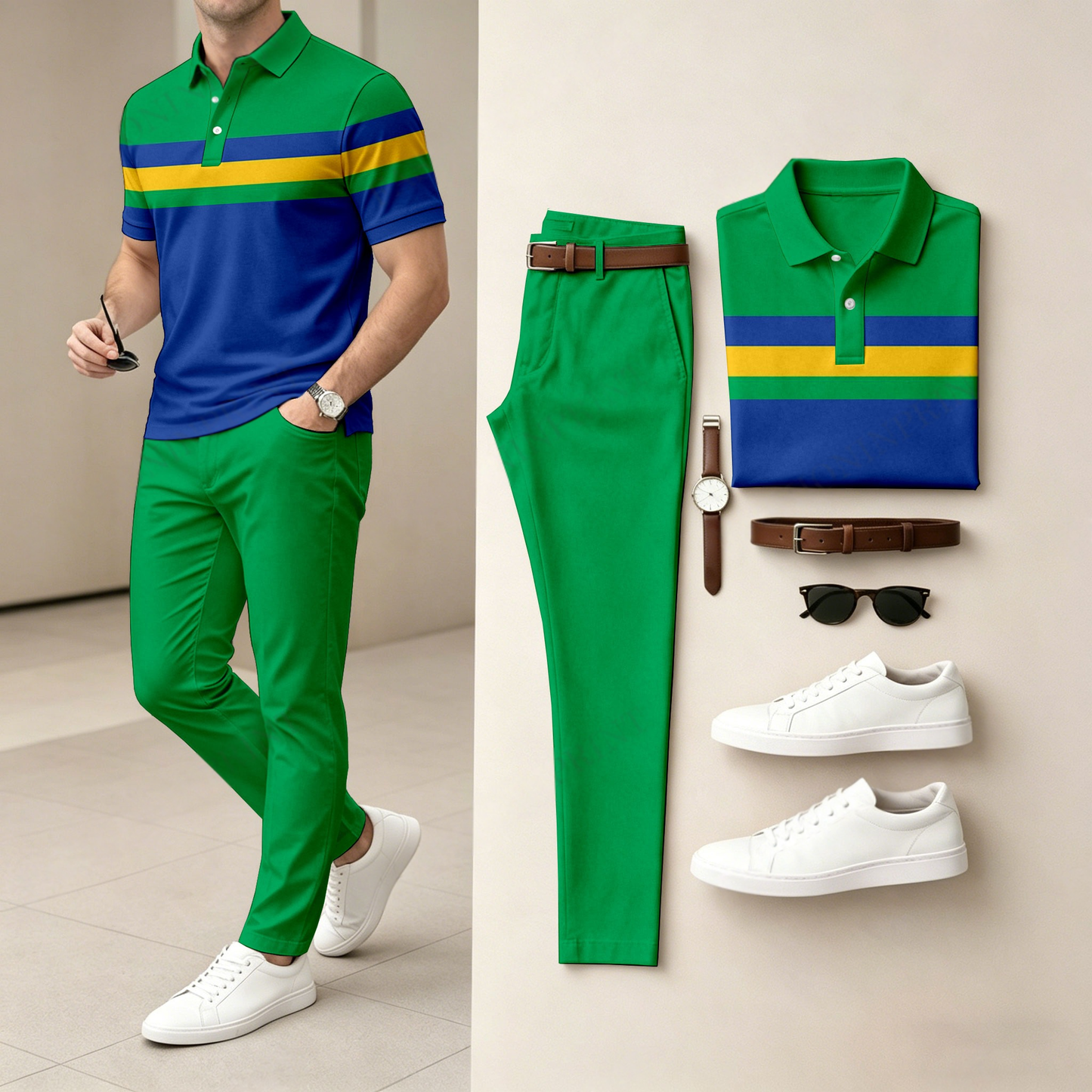 Men's Casual Striped Color-Block Print Short-Sleeve Polo Shirt And Pants Set (Excludes Accessories Such As Watches And Belts)